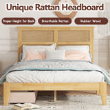 HRVEOCEI Boho Bed Frame Full with Rattan Headboard, Rattan Bed Frame & Full Beds Frames with Wood Legs, Solid Wood Beds Frames with Storage Underneath,Easy Assembly (White Oak, Full) HRVEOCEI