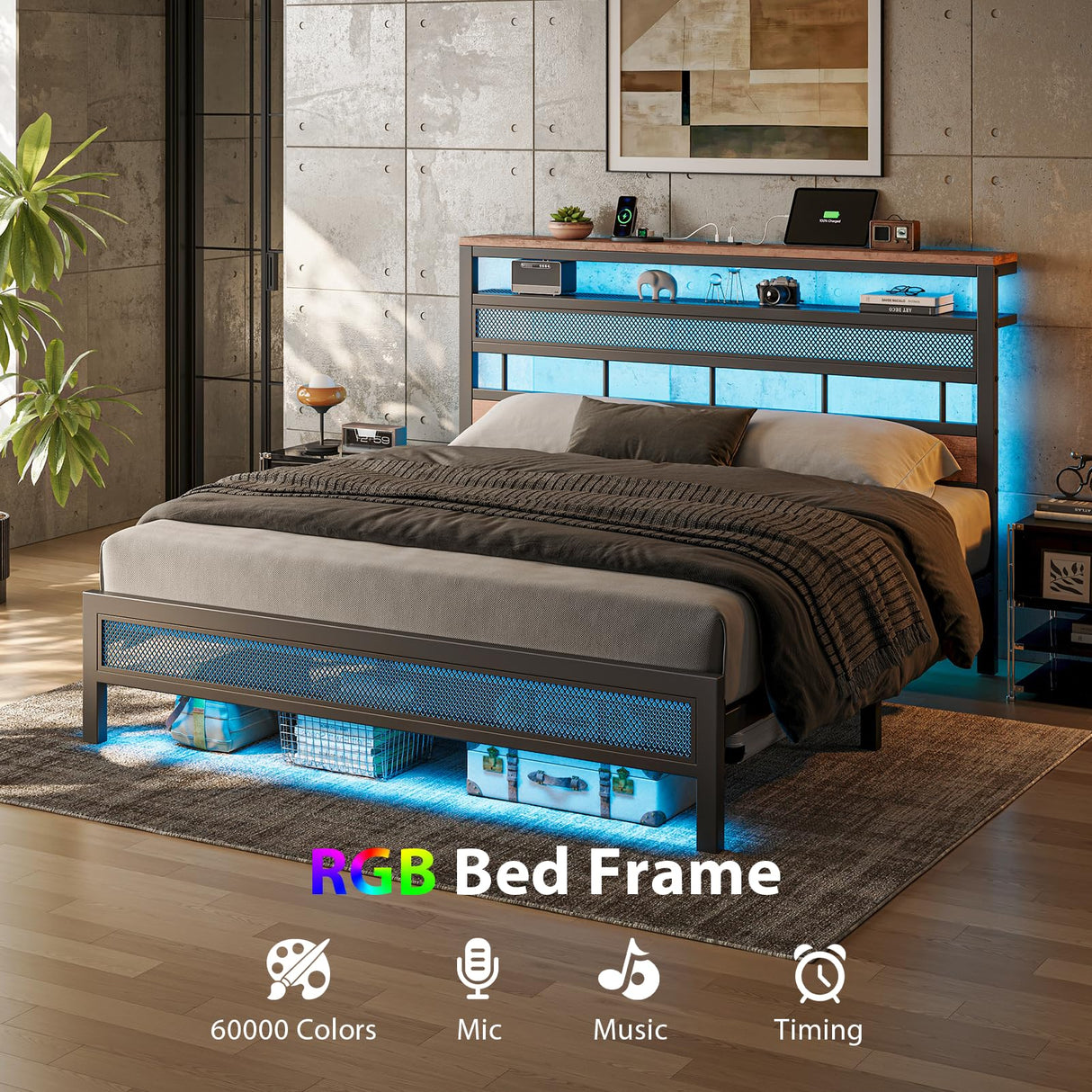 ZENBEDING LED King Size Bed Frame and 2-Tier Headboard, Metal Platform Bed Frame with Storage, Mesh King Bedframe with Charging Station, Easy Assembly and No Box Spring Needed (Rustic Brown) ZENBEDING