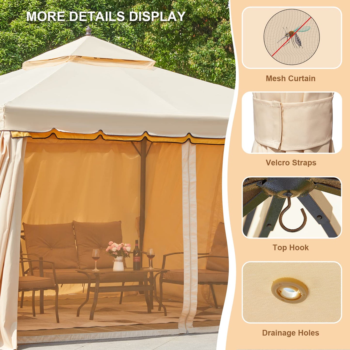 Erommy 10' x 12' Outdoor Canopy Gazebo, Double Roof Patio Gazebo Steel Frame with Netting and Shade Curtains for Garden, Patio, Party Canopy, Beige