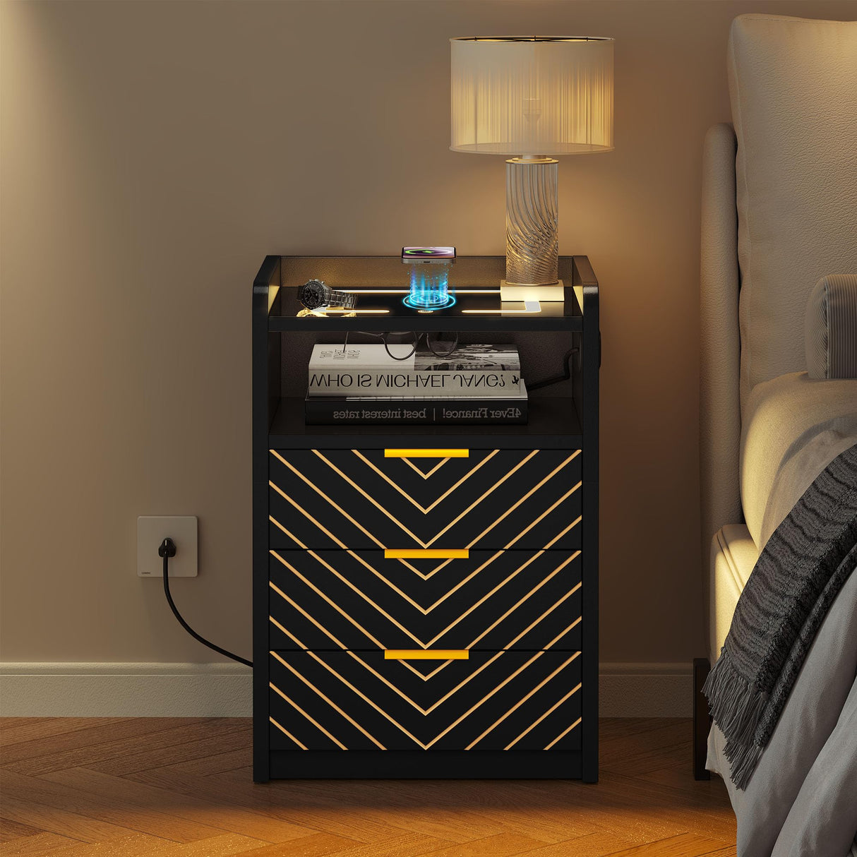 YITAHOME LED Nightstand with Wireless Charging Station & USB Ports, Night Stands with 3 Drawers for Bedroom, Modern Bedside Tables with Touch LED Light, Black YITAHOME