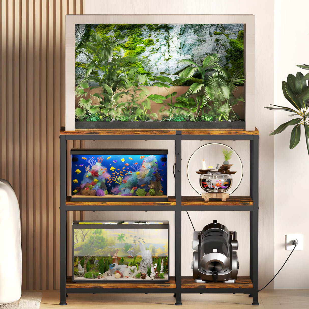 MILEFA Reinforced 40-50 Gallon Aquarium Stand with Power Outlet | Ultra-Stable 750LBS Capacity Metal Fish Tank Stand for Reptile/Aquatic Setups, 5-Tier Adjustable 37"x19" Steel Shelving System MILEFA