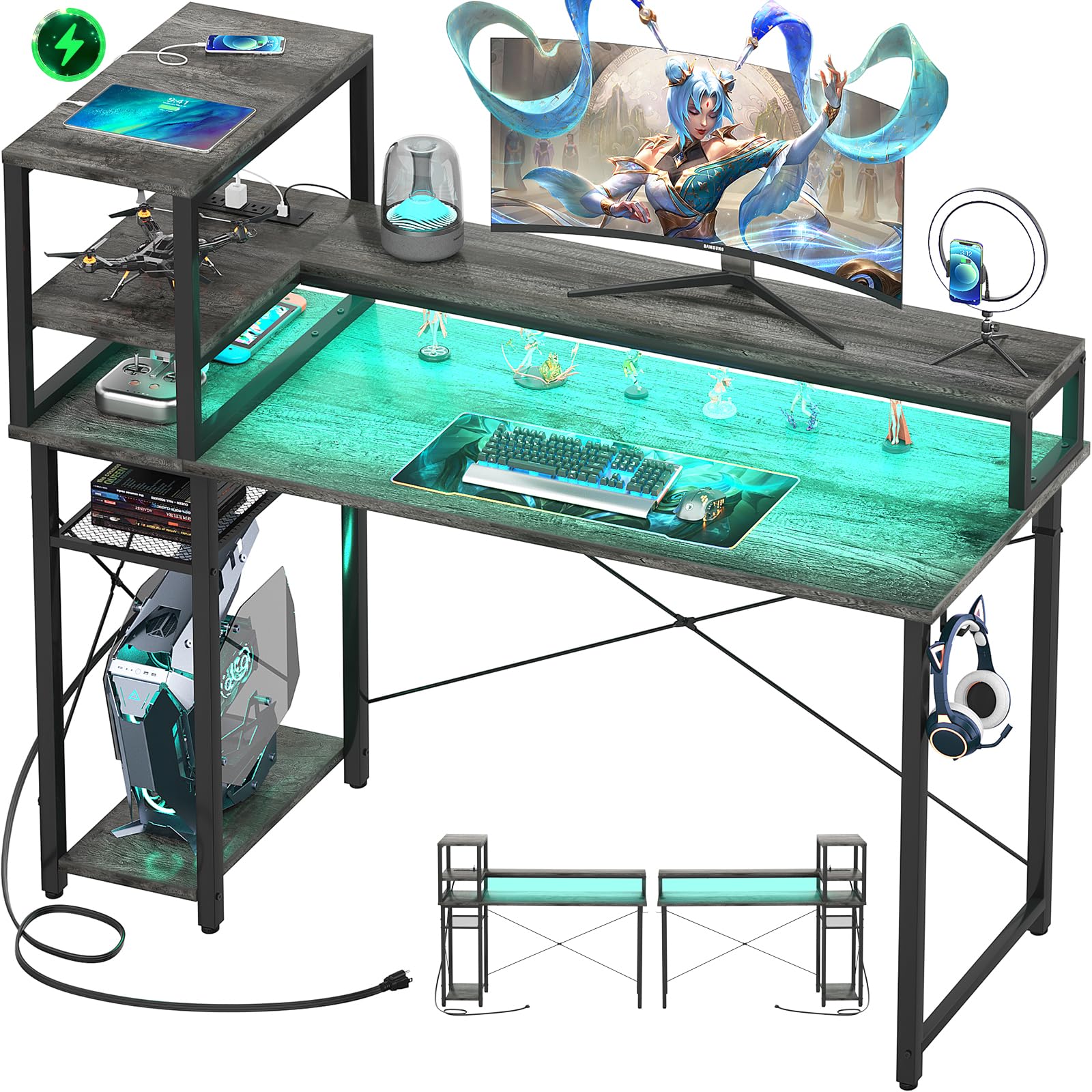 iSunirm 47" Gaming Desk with Storage, Computer Desk with LED Lights, Home Office Desk with Adjustable Shelves & Power Outlets, Gaming Computer Desk with Long Monitor Stand - WoodArtSupply