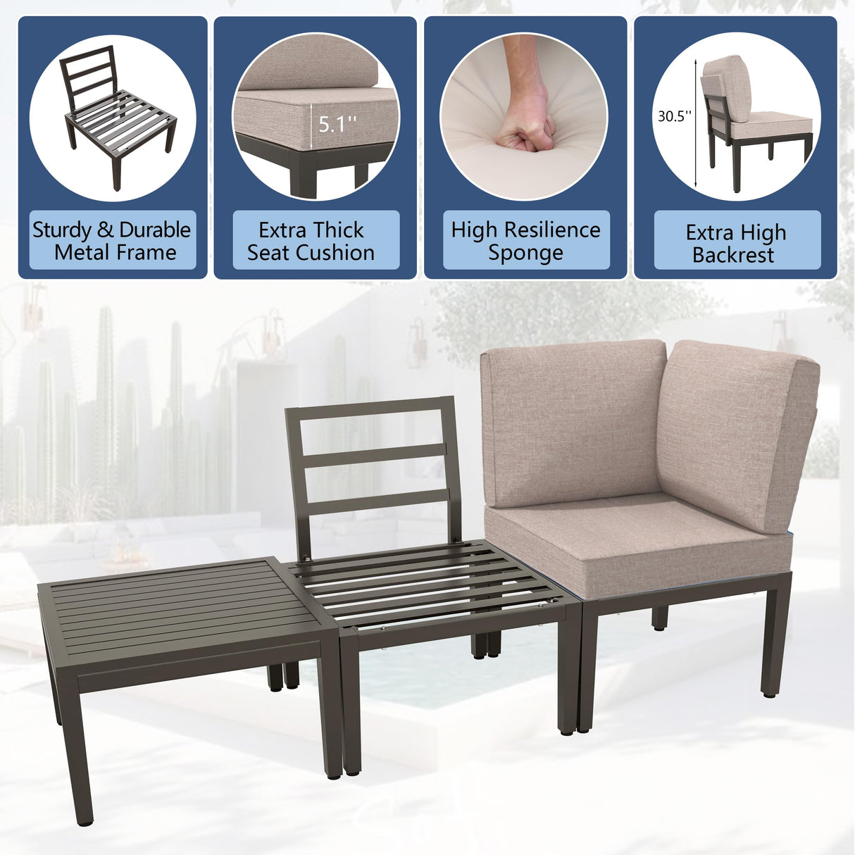 ALAULM 15 Pieces Metal Patio Furniture Set with Propane Fire Pit Table Modern Outdoor Furniture w/55000 BTU Fire Pit Patio Sectional w/5.1'' Sponge Cushions for Patio, Backyard, Poolside-Sand ALAULM