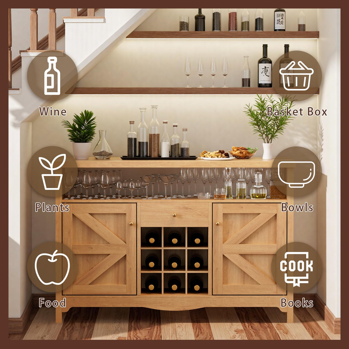 VDNEND 45.7” Wine Cabinet，Farmhouse Home Coffee Bar Sideboard Buffet Cabinet Liquor Storage with 9 Wine Racks & 2 Doors for Kitchen, Living and Dining Room (1, Natural) VDNEND