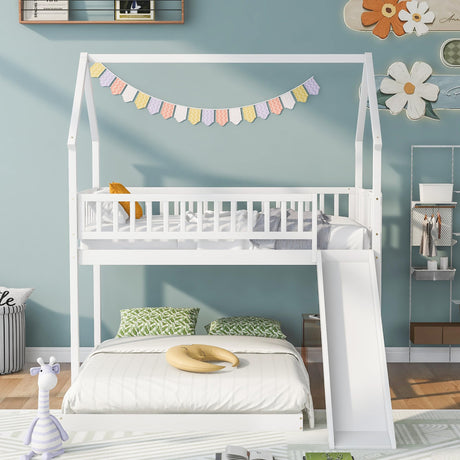 Harper & Bright Designs Twin Over Full House Bunk Bed with Slide and Guardrail, White Harper & Bright Designs