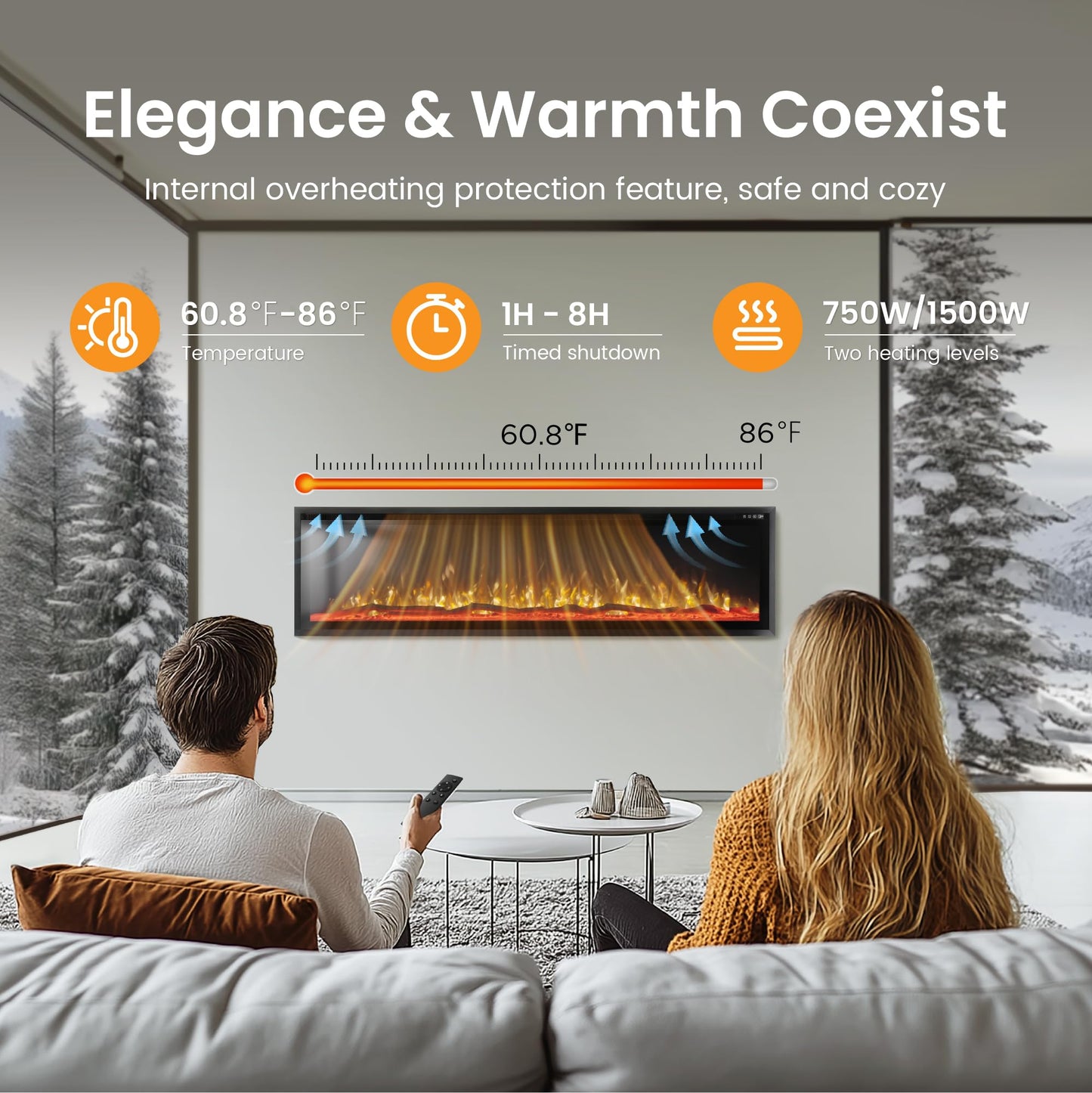 PHI VILLA 72" Electric Fireplace Wall Mounted, Recessed Wall Fireplace Electric with Crystal, Fake Charcoal & Firewood Bed for Indoor, Remote Control, 750W/1500W, Timer, Ultra-Narrow Bezel