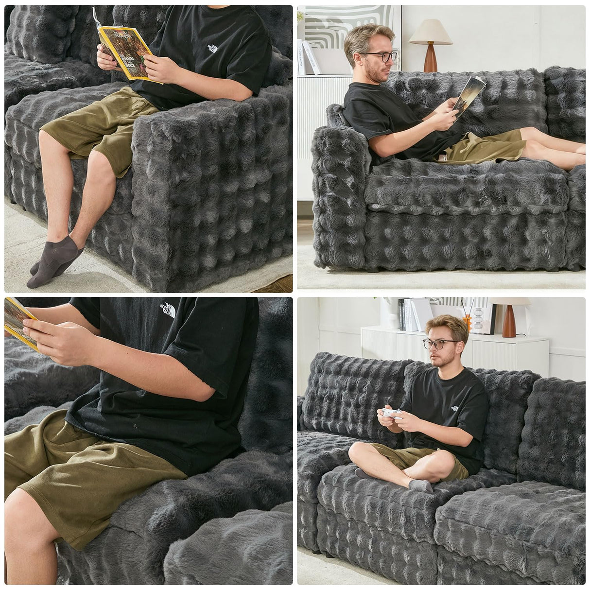 115" Oversized Modular Sectional Sofa with Ottoman Convertible Plush Faux Fur Large U-Shape Couch Sofa 5 Seater with 6 Pillows for Living Room,Bedroom,for Big Man 35.83" Seat Width,Grey Comfort Stretch