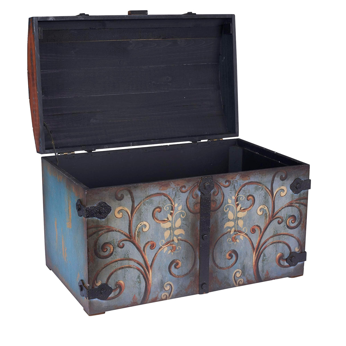 Household Essentials Vintage Wood Storage Trunk, Large, Blue Body/Brown Lid/Floral Design Household Essentials