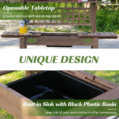 Outsunny Outdoor Potting Bench Table, Wooden Workstation with Sliding Tabletop, Storage Shelf and Dry Sink, for Greenhouse, Garden, Patio, Brown Outsunny