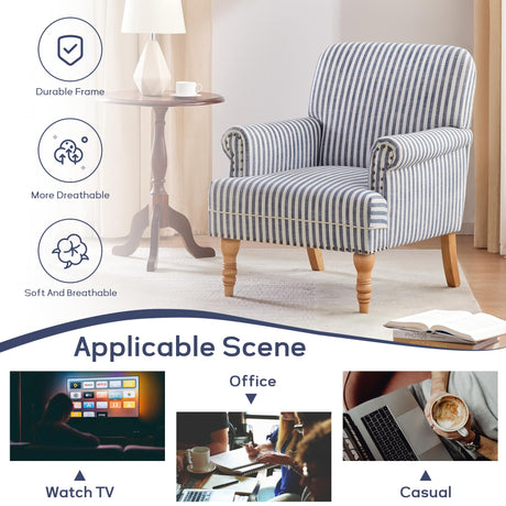 HUIMO Linen Fabric Accent Chairs Set of 2, Mid-Century Modern Armchair with Solid Wood Legs, Single Sofa Chair,Upholstered Reading Club Chair (2, Dark Blue and White Stripe) HUIMO