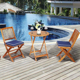 Tangkula 3 PCS Patio Folding Bistro Set, Outdoor Acacia Wood Chair and Table Set w/Padded Cushion& Round Coffee Table, Ideal for Indoor Patio Poolside Garden (Navy Blue) Tangkula
