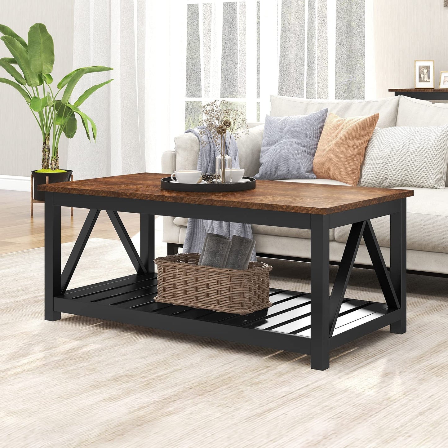 ChooChoo Black Coffee Table, Rustic Vintage Table with Shelf for Living Room, 40 Inch - WoodArtSupply