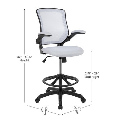 Flash Furniture Kale Mid-Back White Mesh Ergonomic Drafting Chair | Adjustable Foot Ring, Flip-Up Arms