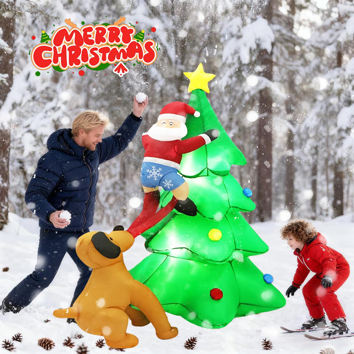 PIPIMOUSE 6FT Christmas Inflatables Tree Outdoor Decoration with LED Lights, Santa Claus Chased by Dog Inflatable Christmas Tree Blow Up Yard Decoration for Patio Lawn Garden Xmas Party Decor PIPIMOUSE