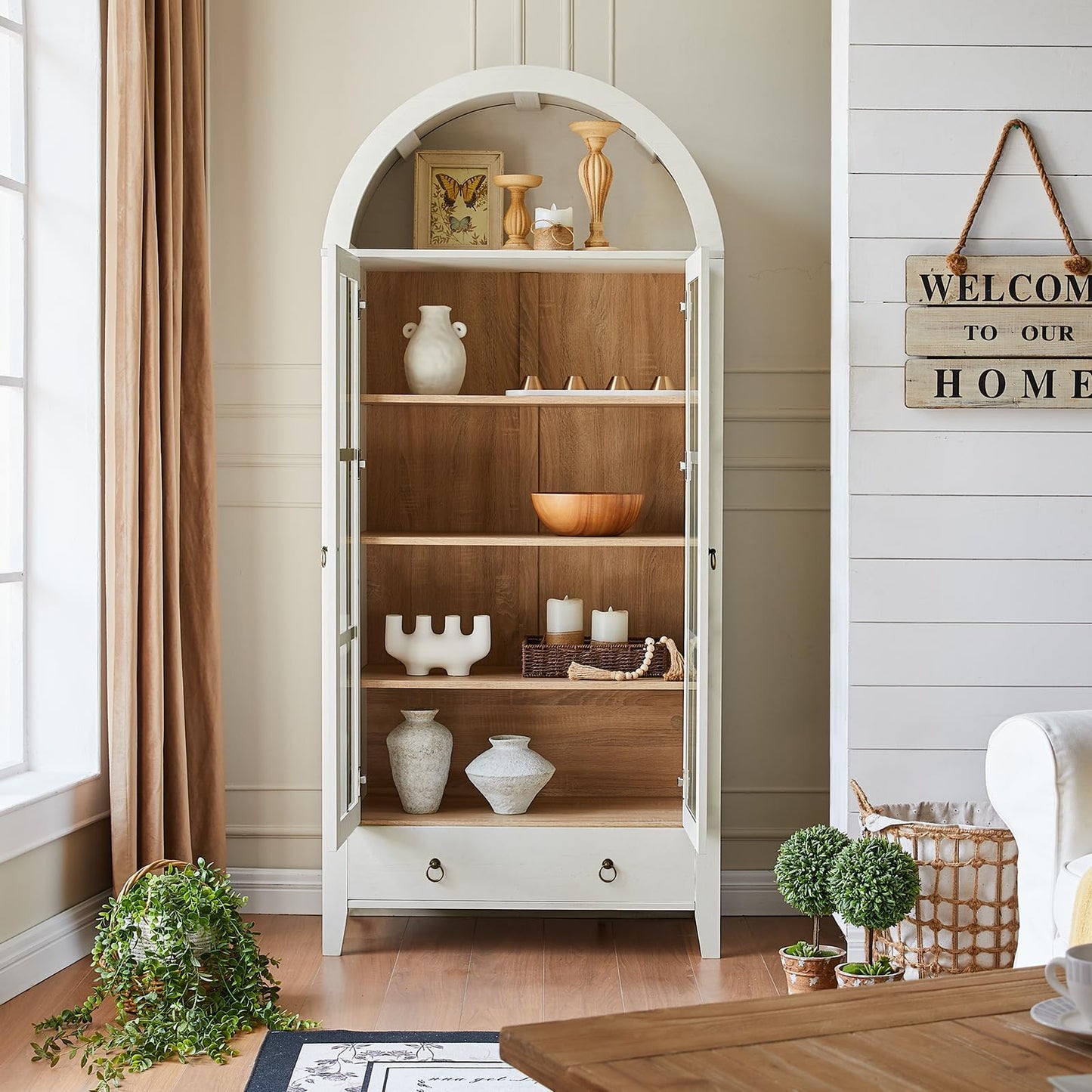 Farmhouse Arched Cabinet with Glass Doors, Wood Display Cabinet with Drawer and Adjustable Shelves, 71” Kitchen Pantry Tall Bookshelf Modern China Cabinet for Living Room,Office (Antique White)