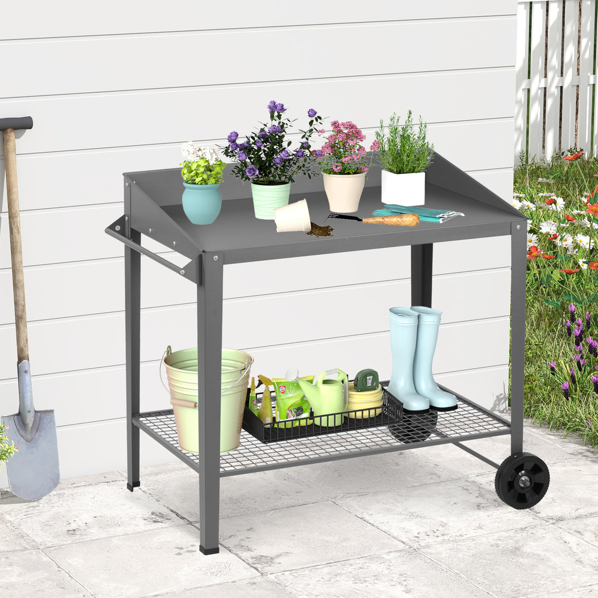 Outdoor Metal Potting Bench with Wheels, Heavy Duty Garden Workbench Table with Storage Shelf (Dark Gray, 36"x38.8") DDK