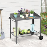 Outdoor Metal Potting Bench with Wheels, Heavy Duty Garden Workbench Table with Storage Shelf (Dark Gray, 36"x38.8") DDK