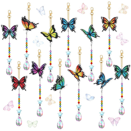 Kigley 12 Pcs Butterfly Diamond Art Wind Chimes Kit Diamond Painting Suncatcher Keychains Double Sided 3D DIY Window Hanging Ornaments Kigley