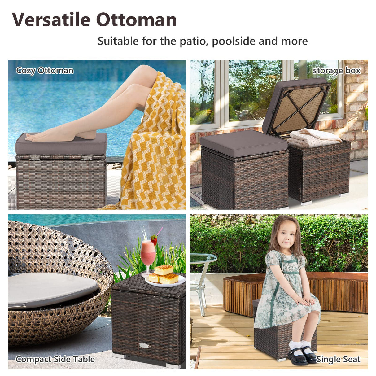 Tangkula 2 Pieces Patio Ottomans, Patiojoy Hand-Woven PE Rattan Side Table with Removable Cushion & Hidden Storage Space, Multifunctional Storage Box, Seats for Patio, Backyard, Poolside (Grey) Tangkula