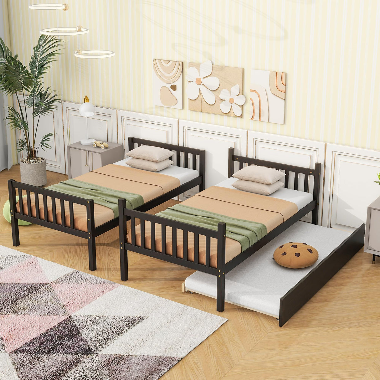 DNChuan Twin Over Twin Bunk Bed with Trundle,Triple Bunk Bed Convertible Into 3 Platform Beds,3-in-1 Beds with Headboard and Footboard,Wooden Frame for Kids Adults-Espresso DNChuan