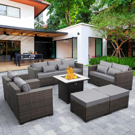 Valita 7 Pieces Patio Furniture Set,9-Seats Outdoor Wicker Sectional Sofa Brown Rattan Modular Patio Conversation Chair Set with 50000 BTU Fire Pit Table,Washable Cushions(Grey) Valita