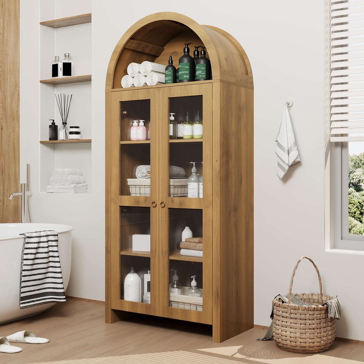 GarveeHome 70" Tall Arched Kitchen Pantry Cabinet with Acrylic Doors - 5-Tier Wooden Storage Cabinet with Adjustable Shelves, Modern Bookshelf for Living Room and Dining Room, Oak GarveeHome