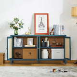 QHITTY Sideboard Buffet Cabinet, Rattan Accent Cabinet Storage Cabinet Console Table with 4 Doors and Adjustable Shelves for Kitchen, Dining Room, Living Room, Hallway (Blue) QHITTY