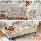 COPIAE 89” Futon Sofa Bed, Velvet Fabric Comfy Futon Couch Bed with 2 Square Pillows, Convertible Sleeper Sofa with Adjustable Backrest& Armrests, Modern Loveseat Sleeper for Living Room, Beige COPIAE