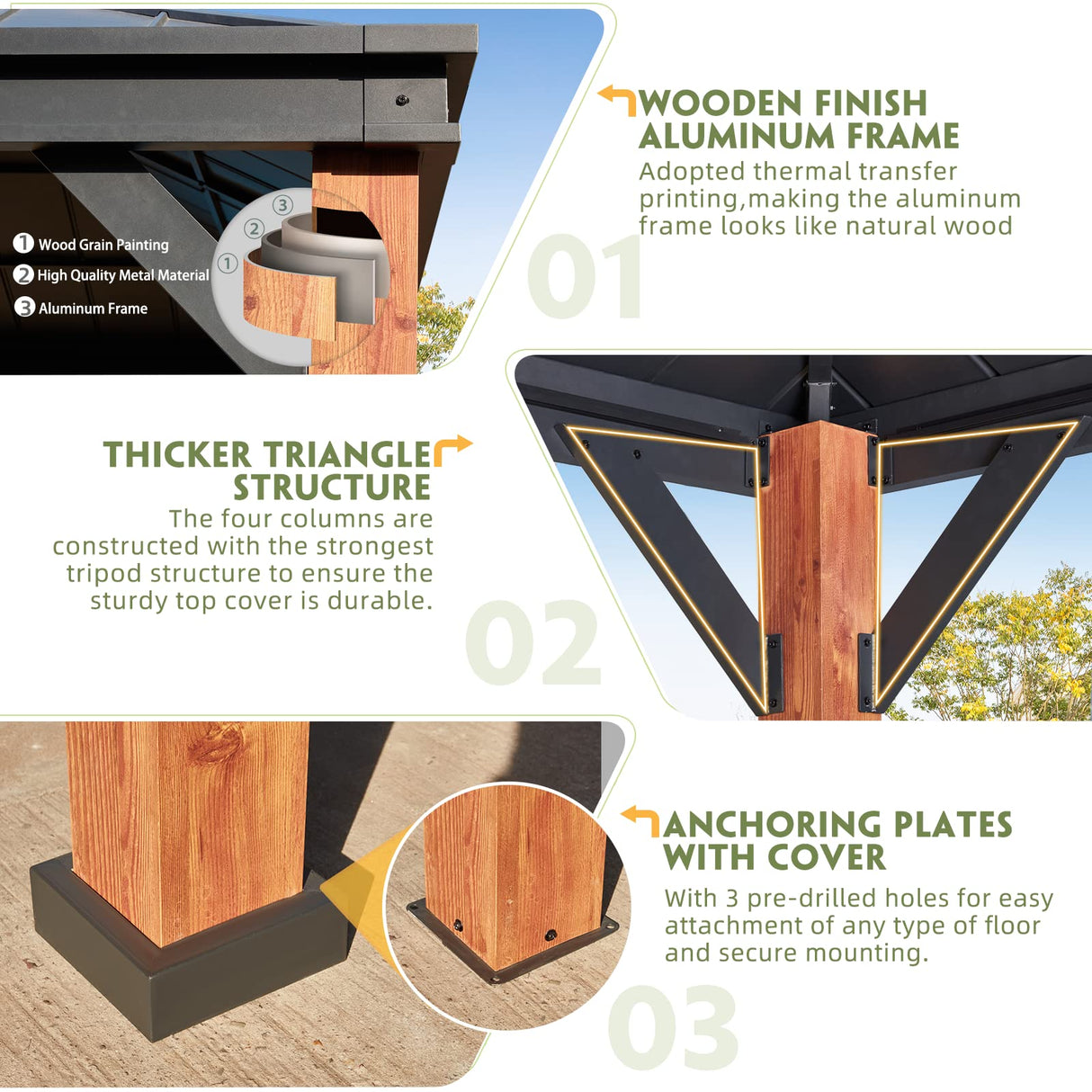 MELLCOM Gazebo 12' x 16', Wooden Finish Coated Thicker Aluminum Frame Gazebo with Galvanized Steel Roof, Outdoor Patio Gazebos with Curtains and Nettings for Patio, Lawn & Garden MELLCOM