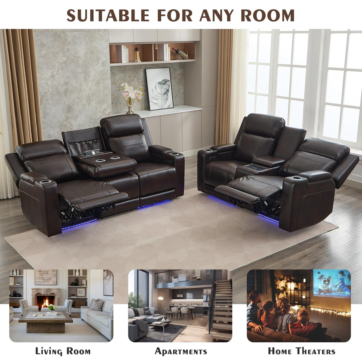 Neptane Power Reclining Sofa Set with Adjustable Headrest, Home Theater Seating with LED Light/Armrest Storage/USB&Type-C, Power Reclining Sofa and Loveseat Set for RV Sofa Furniture Neptane