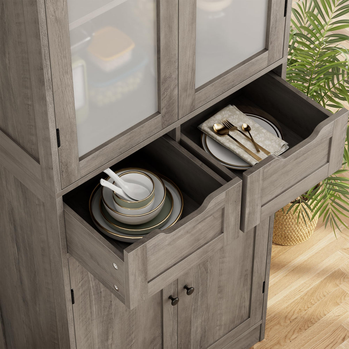 HOSTACK 64" Modern Ash Grey Storage Cabinet with Glass Doors and Drawers HOSTACK