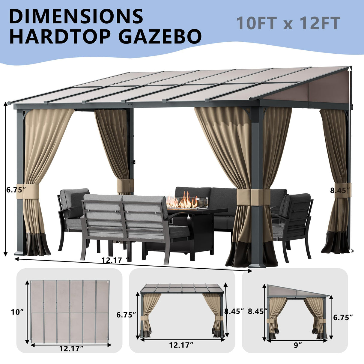 ASJMR 10x12FT Gazebo, Hardtop Wall Mounted Gazebo with Sloping Sun Panel Roof, Awnings for Patio with Metal Frame, Double Curtains for Garden, Lawn, Backyard Deck, Sand ASJMR