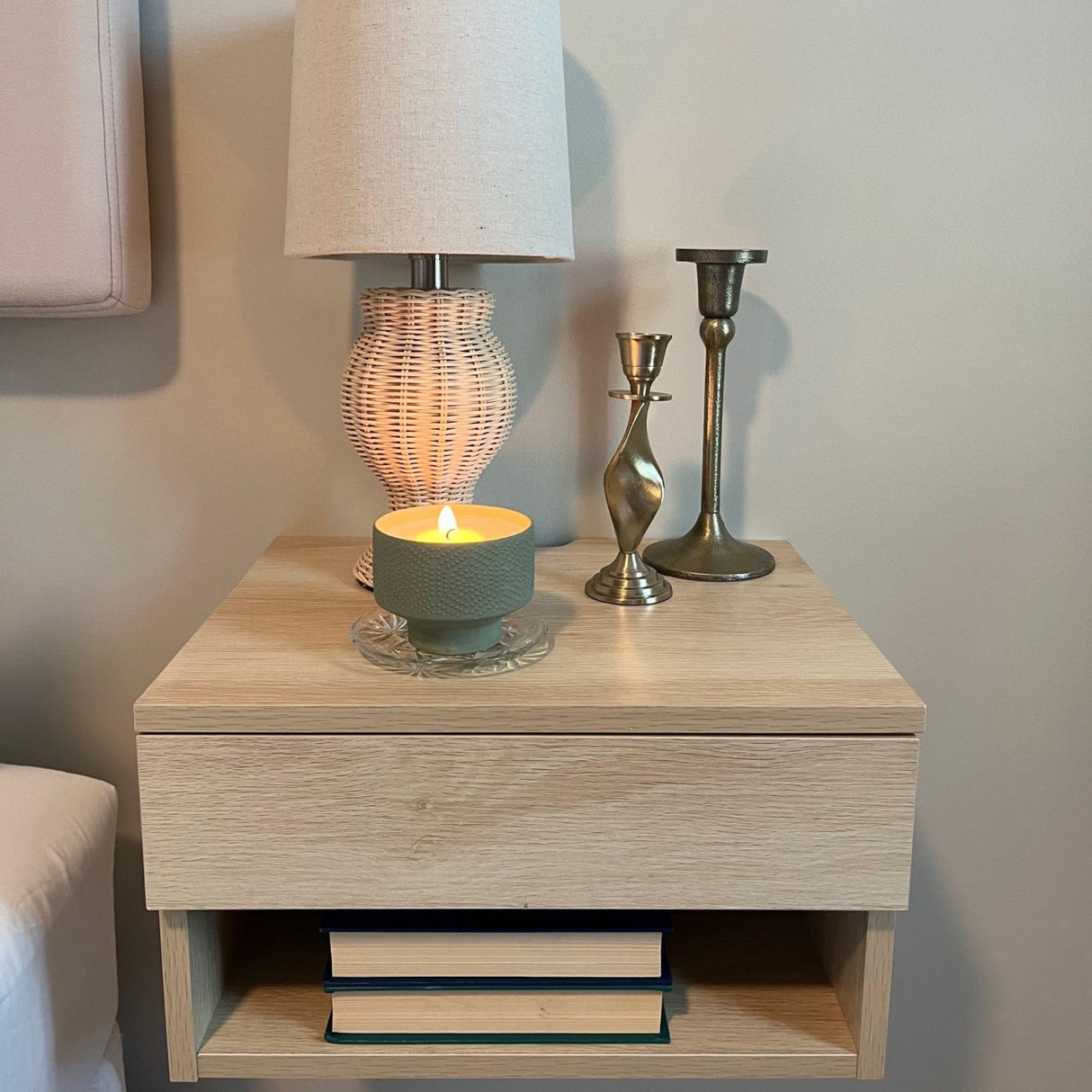 Nathan James Jackson Wall Mounted Floating Bedroom Nightstand with Storage Drawer and Modern Open Shelf Cubby, Light Oak Wood Nathan James