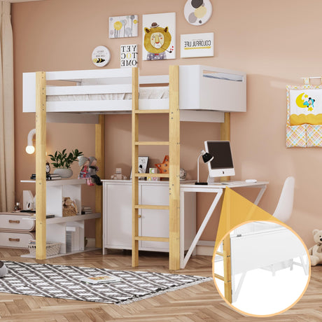 Merax Twin Size Wood Loft Bed with Built-in Storage Cabinet and Cubes, Foldable Desk, White Merax