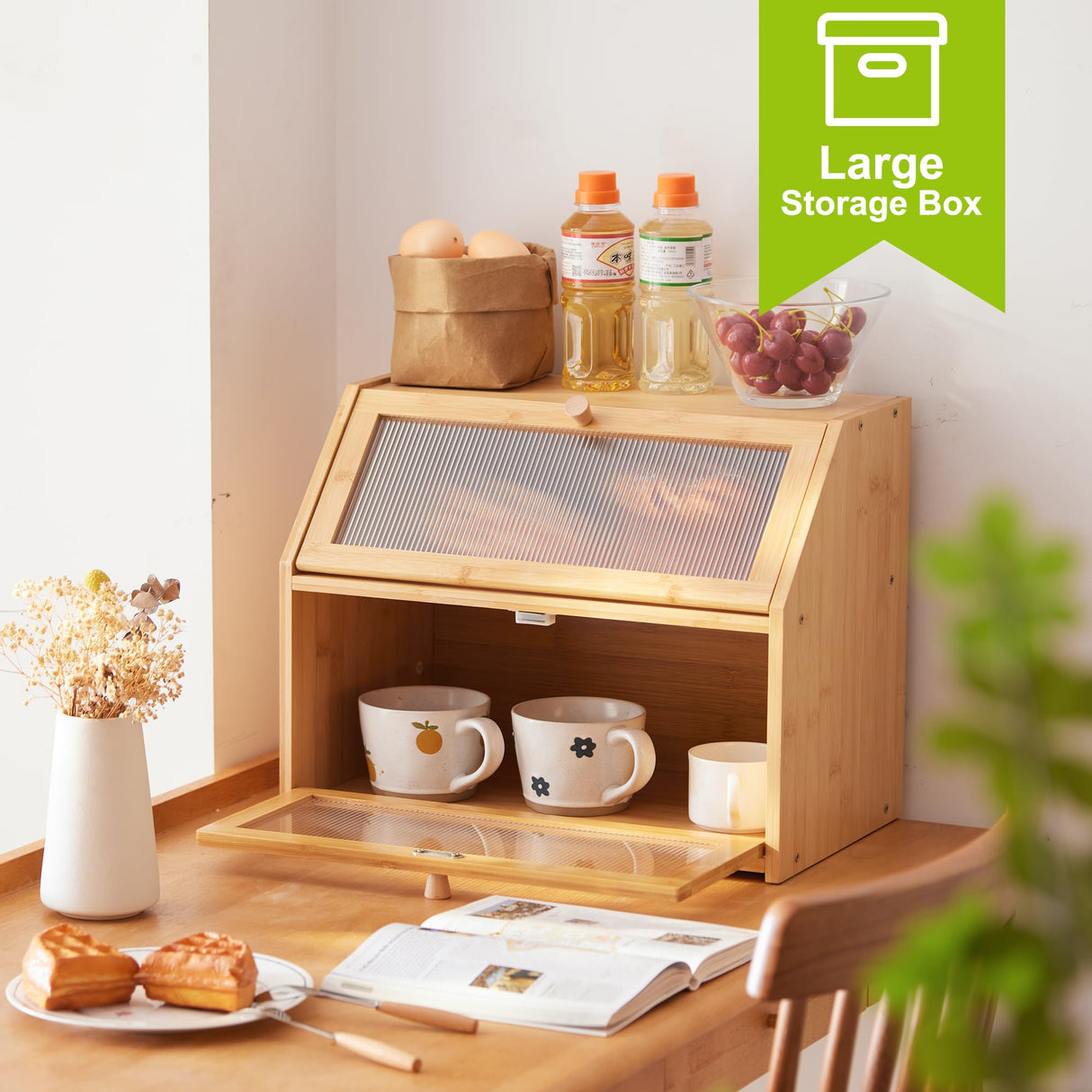 BMOSU Large Bread Box for Kitchen Countertop,Double Layer Bread Box for Kitchen Counter,Bamboo Wood Bread box Capacity Bin Kitchen Storage(Natural) BMOSU