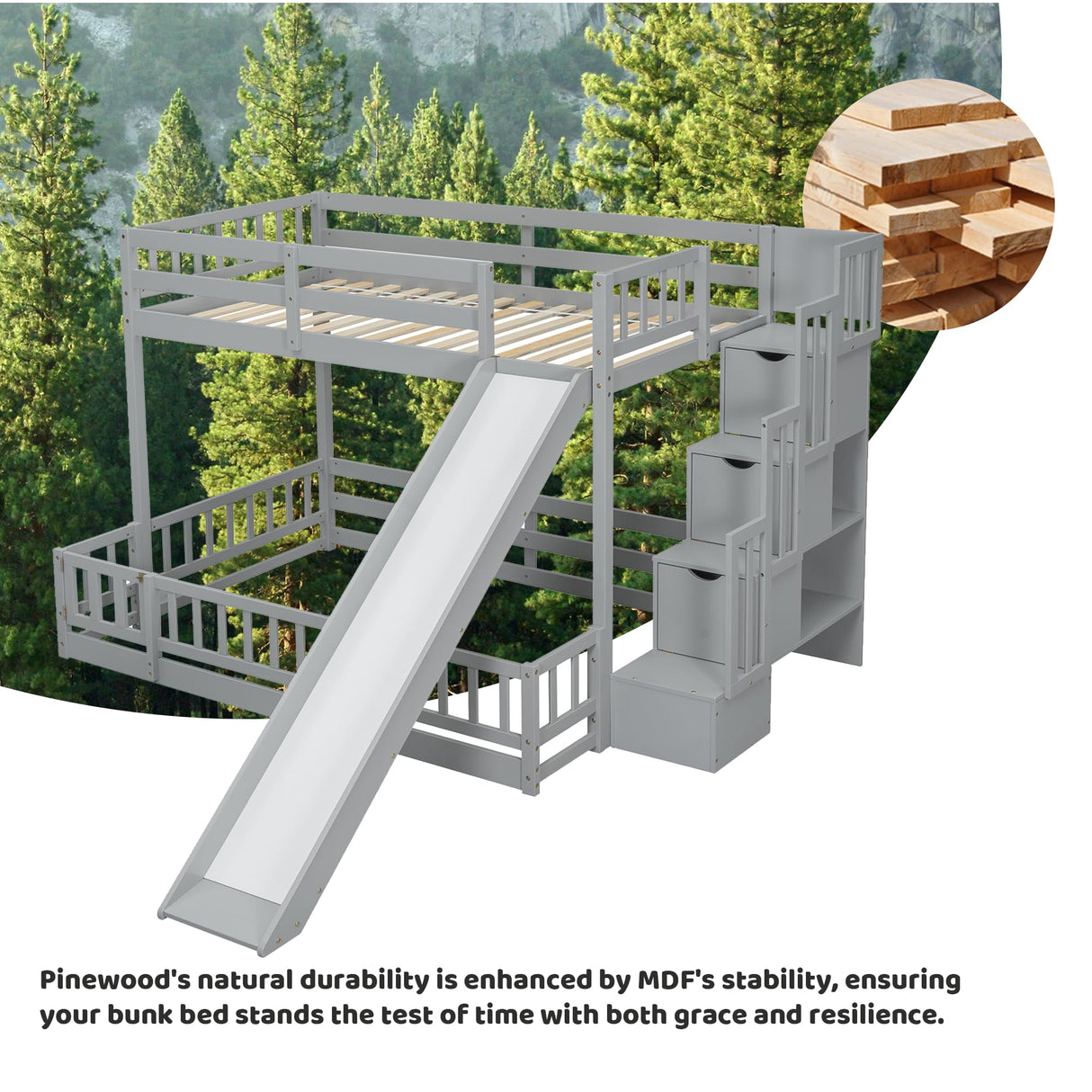 Duxelifin Twin Over Full Bunk Beds with Slide and Stairs, Low Bunk Bed Frame with Rails, Convertible Wood Bunk Bed with Storage Staircase for Kids Boys Girls, Gray Duxelifin