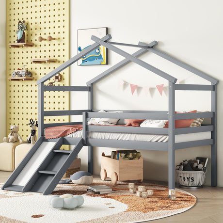Bellemave Twin Size Kids Low Loft Bed,House Loft Bed with Slide and Ladder,Solid Wood Low Loft Bed with Safety Guardrails for Girls Boys,Grey Bellemave