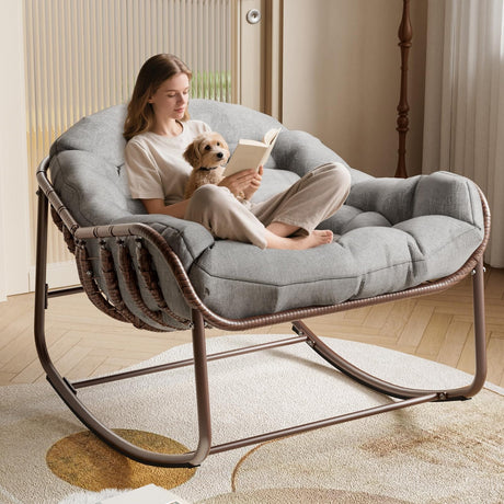 GarveeLife Outdoor Papasan Rocking Chair, Oversized Wicker Lounge Chair with Cushion and Metal Frame, Patio Rattan Egg Rocker for Balcony Backyard Porch Bedroom, Grey GarveeLife