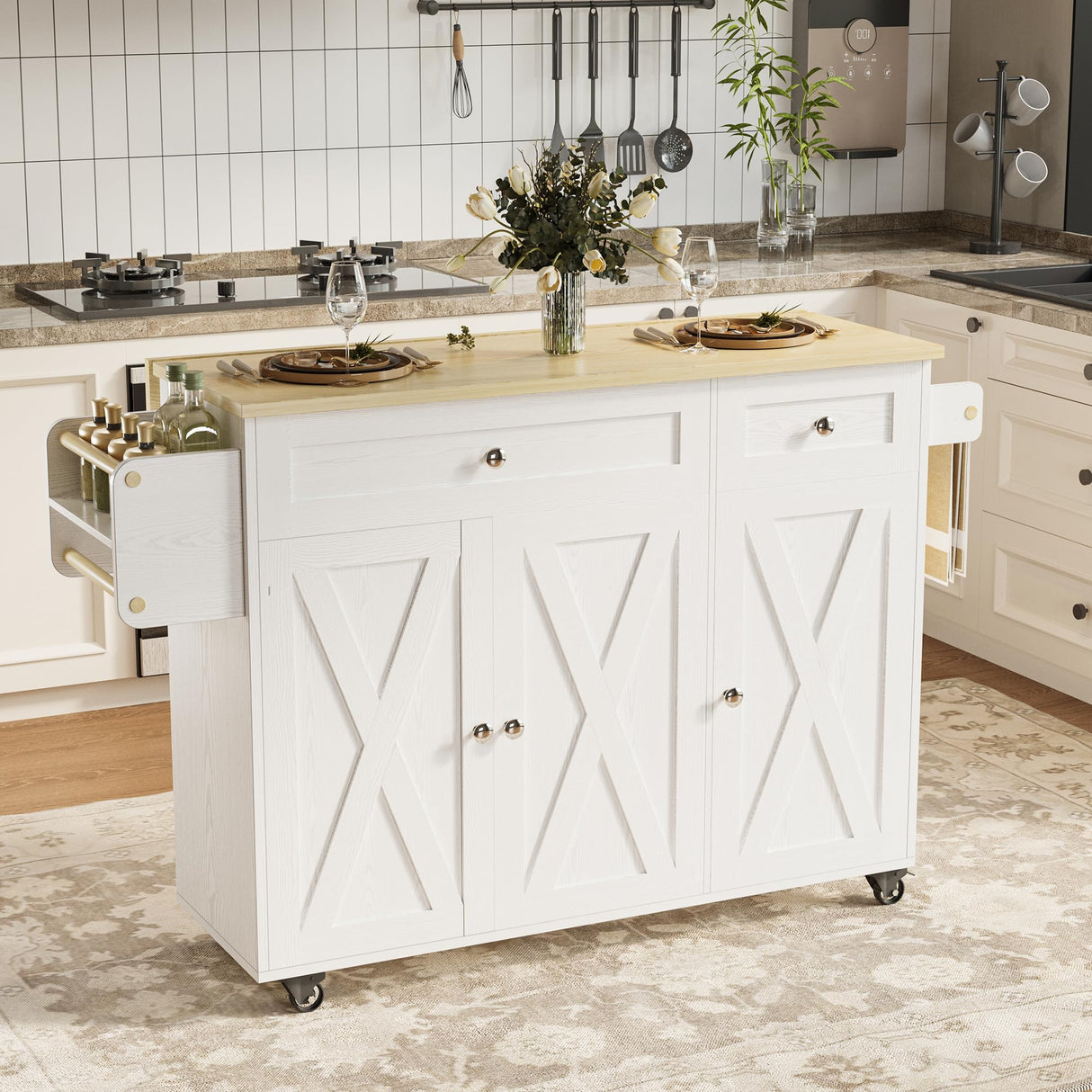 IRONCK Rolling Kitchen Island Table on Wheels with Drop Leaf, 56" Kitchen Island with Drawers and Adjustable Shelves Cabinet, Large Mobile Kitchen Island Cart for Kitchen IRONCK