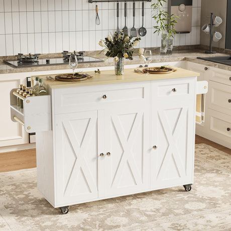 IRONCK Rolling Kitchen Island Table on Wheels with Drop Leaf, 56" Kitchen Island with Drawers and Adjustable Shelves Cabinet, Large Mobile Kitchen Island Cart for Kitchen IRONCK