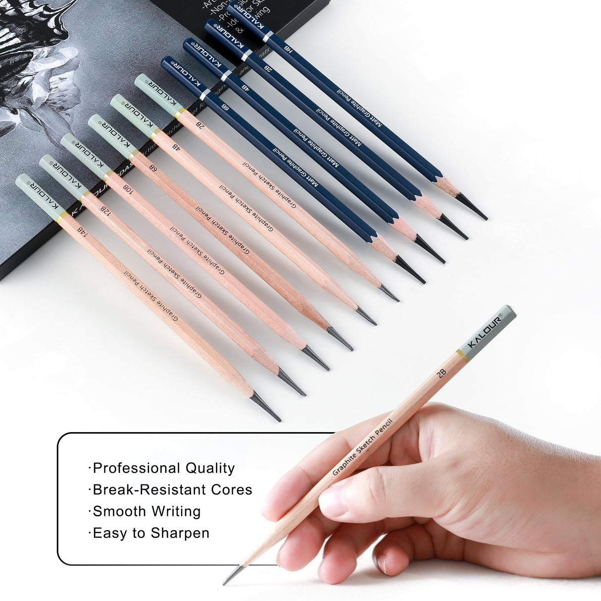 KALOUR 25-Piece Professional Sketch Pencil Set with Matte and Regular Pencils - Includes Vinyl Eraser, Kneaded Eraser, Sharpener, Pencil Extender and Blending Stump - Ideal for Artists and Beginners KALOUR