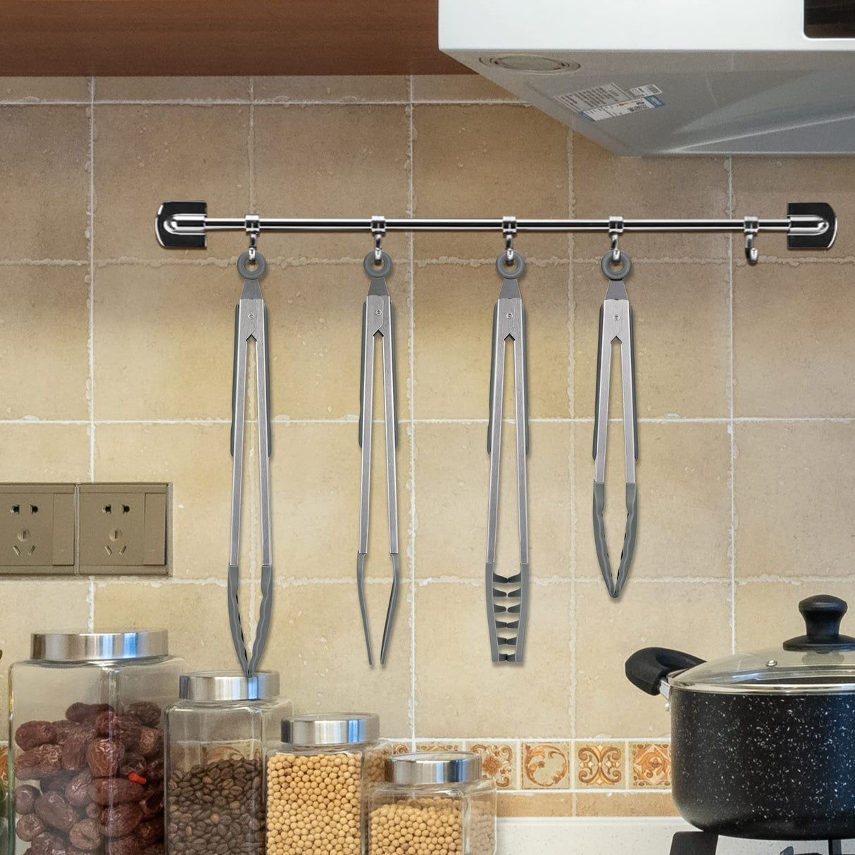 4in1 Stainless Steel Kitchen Food Tongs Set for Cooking with Silicone Tips, Toaster Steak Pie Pizza Pasta Spaghetti Noodles Salad Fruit Vegetable Grill BBQ Buffet Clamp Serving Tools Gadgets Aschef