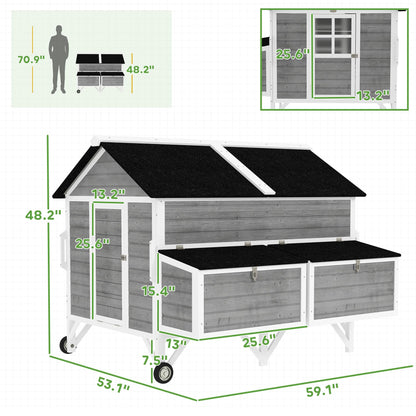 PawHut 59" Wooden Chicken Coop with Wheels and Handles, Mobile Chicken House with 2 Nesting Boxes, 2 Trays, 4 Perches, Chicken Tractor for 4-6 Chickens, Small Animals, Rabbit Hutch for Backyard, Gray