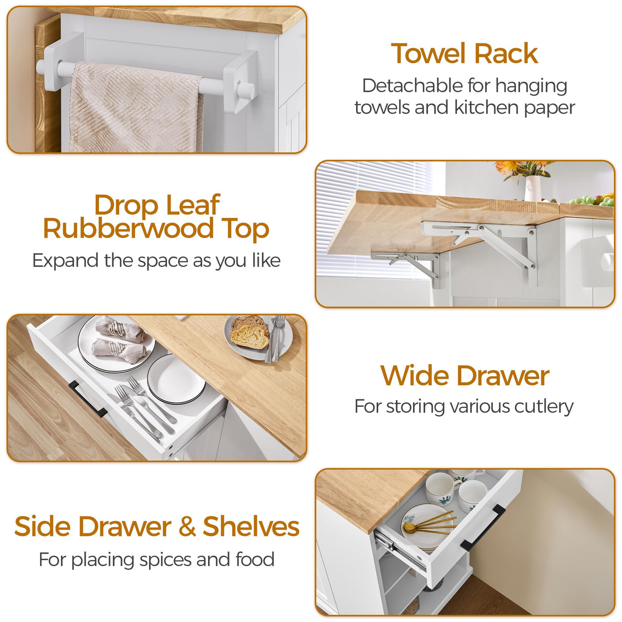 Yaheetech Rolling Kitchen Island Cart with Drop Leaf, Portable Rubberwood Breakfast Bar with Storage Cabinet, Open Shelves & Detachable Towel, 2 Drawers, White Yaheetech