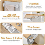 Yaheetech Rolling Kitchen Island Cart with Drop Leaf, Portable Rubberwood Breakfast Bar with Storage Cabinet, Open Shelves & Detachable Towel, 2 Drawers, White Yaheetech