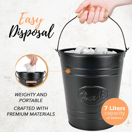 Autumn Alley Farmhouse Bathroom Trash Can - Decorative Rustic Black Trash Can Bucket with Wooden Handle for Bathroom, Bedroom, Office, Kitchen, Western Country Home Décor, 2 Gal., Matte Black Autumn Alley