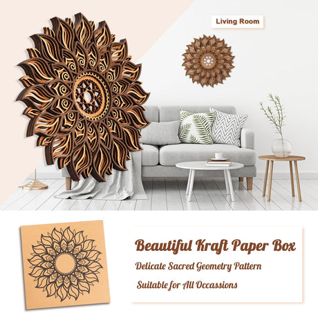 ADDMES 11.8 Inch Sun Wall Decor, Wooden Mandala Wall Art, Hollowed-out Sun Hanging Sign, Multi-layers Lotus Flower Wall Decor, Spiritual Room Decor for Bedroom, Living Room, Farmhouse Decor ADDMES