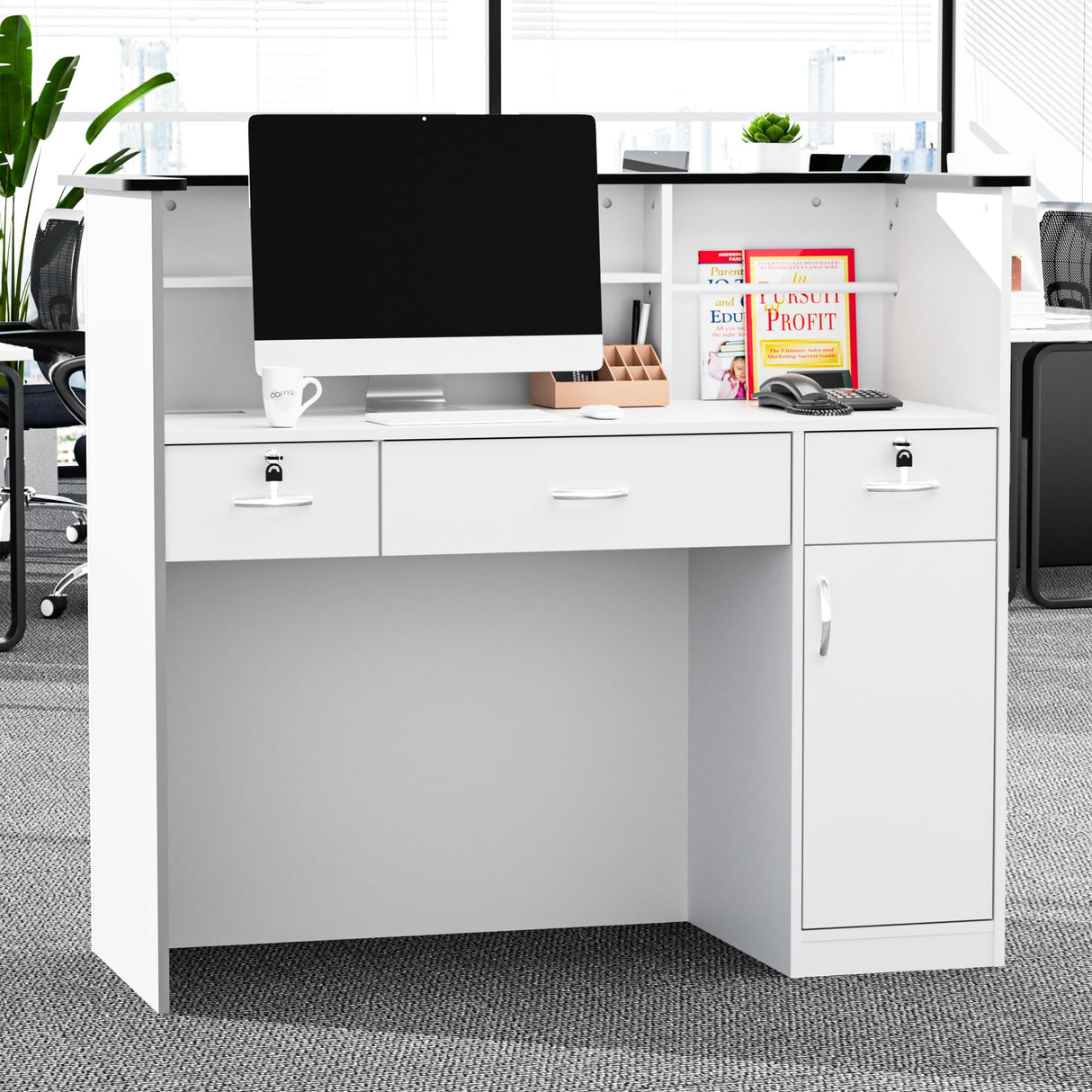 OUTGUAVA Modern Front Desk & Reception Desk with LED Lighting, 50-inch Retail Counter with Power Socket, DIY Stripe for Checkout, Lobby, Salon, Offices - White OUTGUAVA