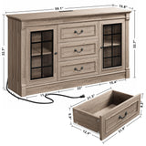 IRONCK Farmhouse TV Stand for 65 Inch TV with Outlets, 59" Entertainment Center with 3 Drawers and 2 Storage Cabinet, Glass Doors and Adjustable Shelf, Console Tables for Living Room, Light Rustic Oak IRONCK
