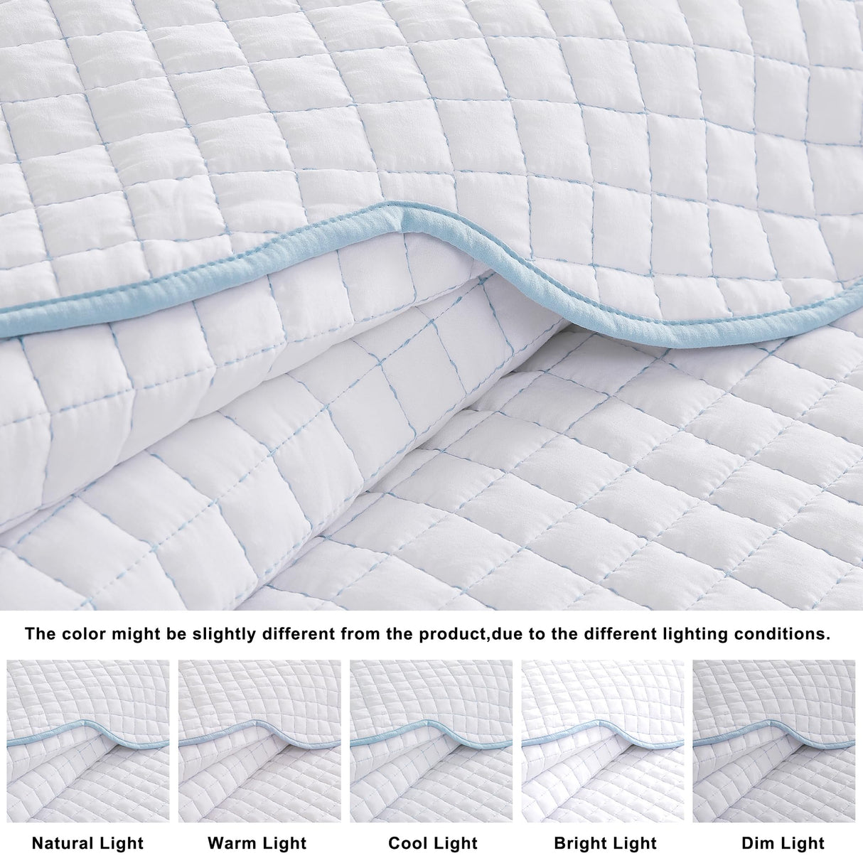 WDCOZY White King Size Quilt Bedding Set, Scalloped Farmhouse Country Rustic Lightweight Soft Coverlet, Cute Cozy Kantha Pick Stitch Bedspread, 2 Pillow Shams, Blue Edge Blue Stitching WDCOZY